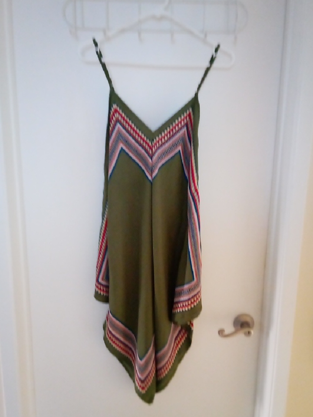 meraki Olive Green Chevron-Trim Handkerchief Hem Cami